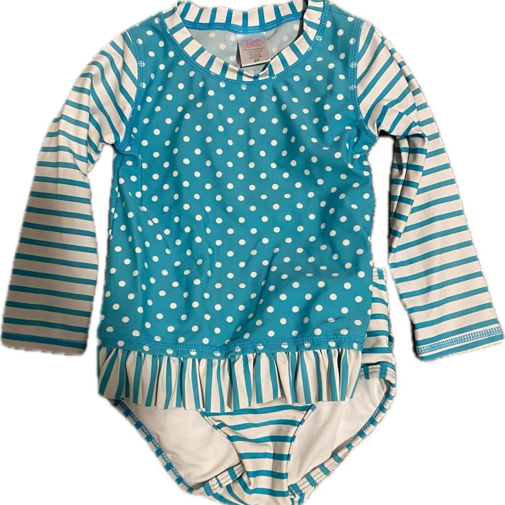 RuffleButts 2T Turquoise and White Polka Dot and Striped Rash Guard Set